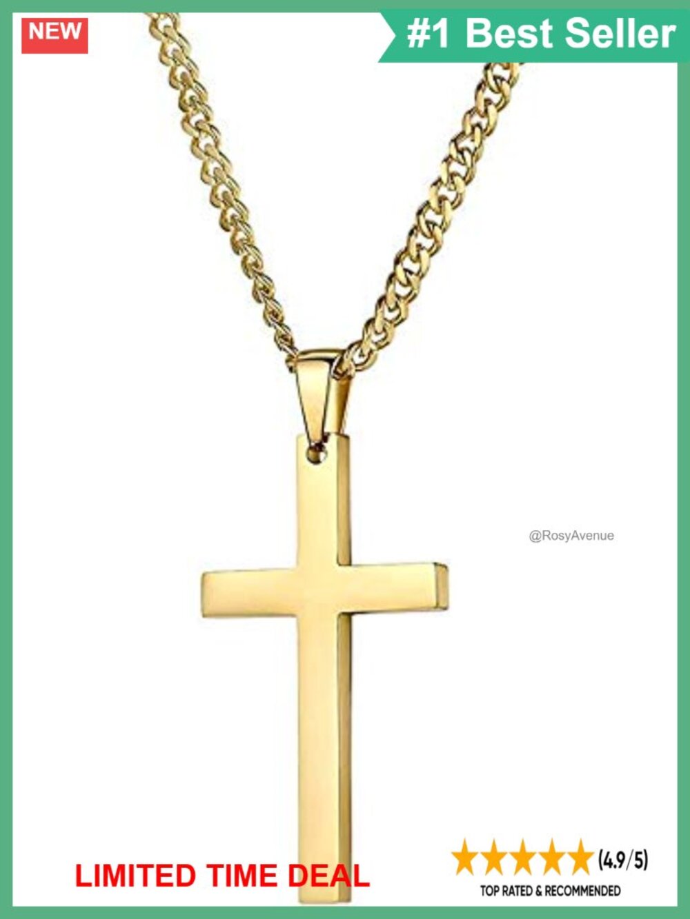 18K Gold Cross Pendant Necklace Figaro Chain Solid Clasp Gift Box